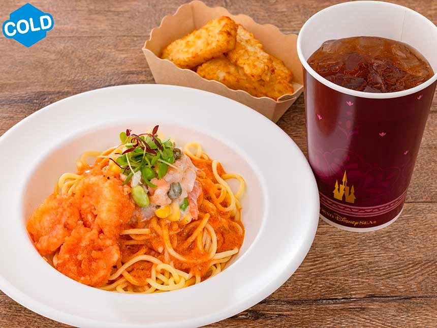 冷製パスタ、海老とサーモンのトマト豆乳ソース