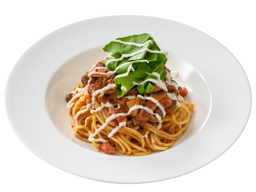 スパゲッティ、キノコとパンチェッタのボロネーゼ