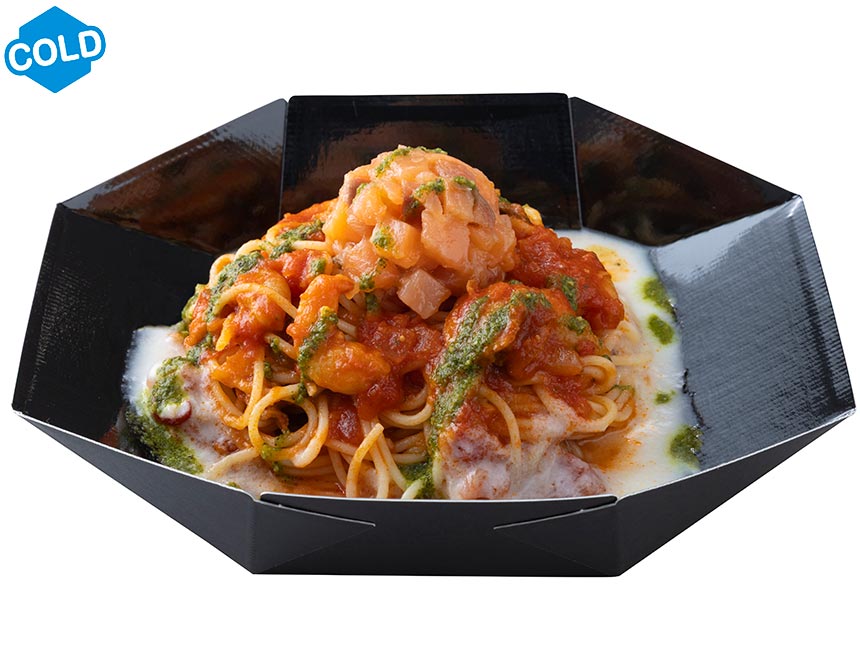 冷製パスタ、シーフードのトマト＆豆乳ソース